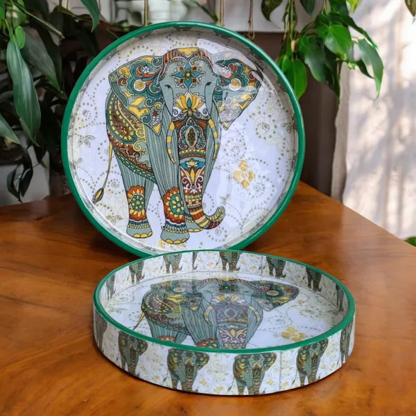 Handcrafted_Elephant-Themed_Round_Trays_�_Set_of_2