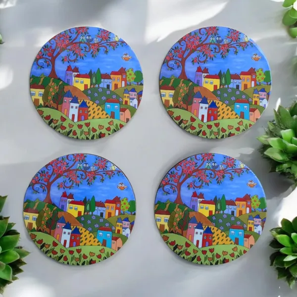 Handcrafted_Round_MDF_Coaster_Set_–_Vibrant_Village_Theme_(Set_of_4)