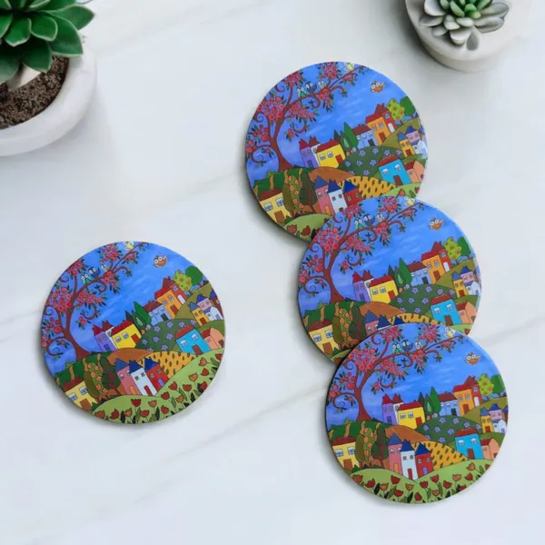 Handcrafted_Round_MDF_Coaster_Set_–_Vibrant_Village_Theme_(Set_of_4)