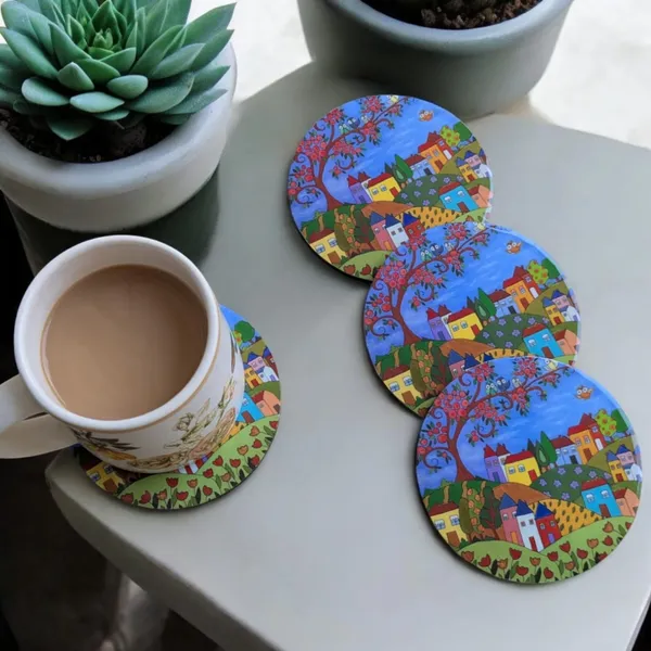 Handcrafted_Round_MDF_Coaster_Set_–_Vibrant_Village_Theme_(Set_of_4)