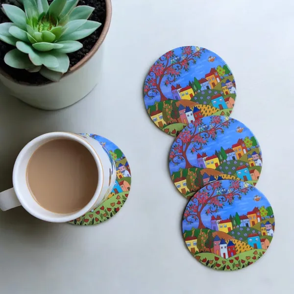 Handcrafted_Round_MDF_Coaster_Set_–_Vibrant_Village_Theme_(Set_of_4)