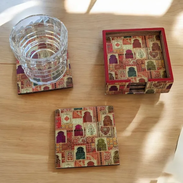 Jharokha-Themed_Handcrafted_MDF_Coaster_Set_with_Stand_–_Pack_of_6