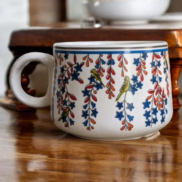 MADARKS_Stoneware_Tea_and_Coffee_Cup_Set,_Pack_of_6,_Premium_Microwave_Save_Serveware_with_Beautiful_Floral_design_with_Parrot_,_150_ML
