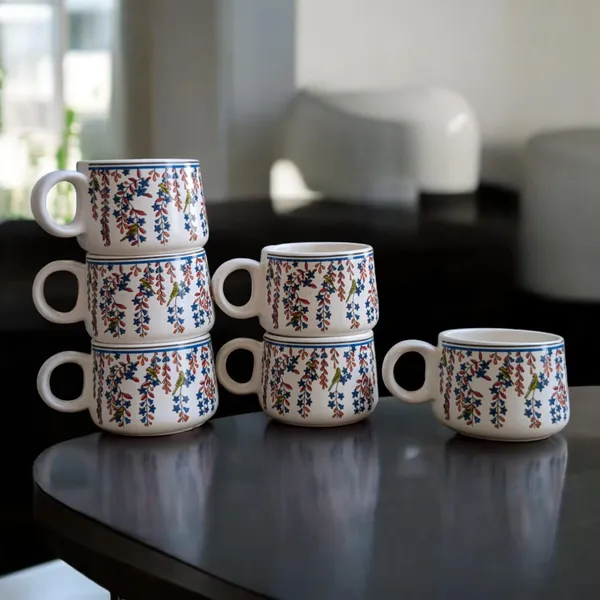 MADARKS_Stoneware_Tea_and_Coffee_Cup_Set,_Pack_of_6,_Premium_Microwave_Save_Serveware_with_Beautiful_Floral_design_with_Parrot_,_150_ML