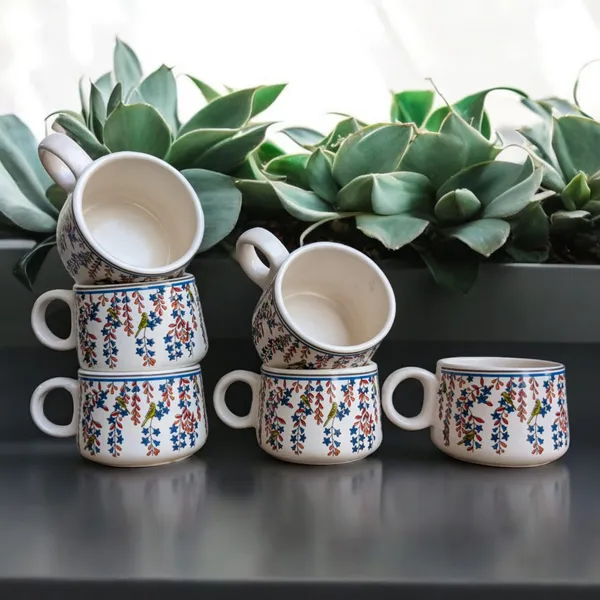 MADARKS_Stoneware_Tea_and_Coffee_Cup_Set,_Pack_of_6,_Premium_Microwave_Save_Serveware_with_Beautiful_Floral_design_with_Parrot_,_150_ML