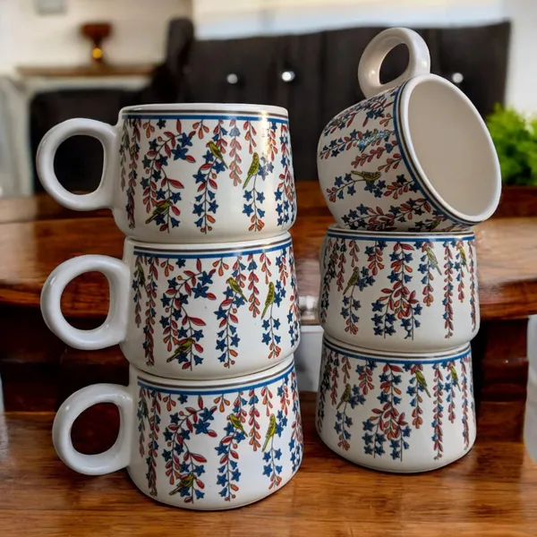 MADARKS_Stoneware_Tea_and_Coffee_Cup_Set,_Pack_of_6,_Premium_Microwave_Save_Serveware_with_Beautiful_Floral_design_with_Parrot_,_150_ML