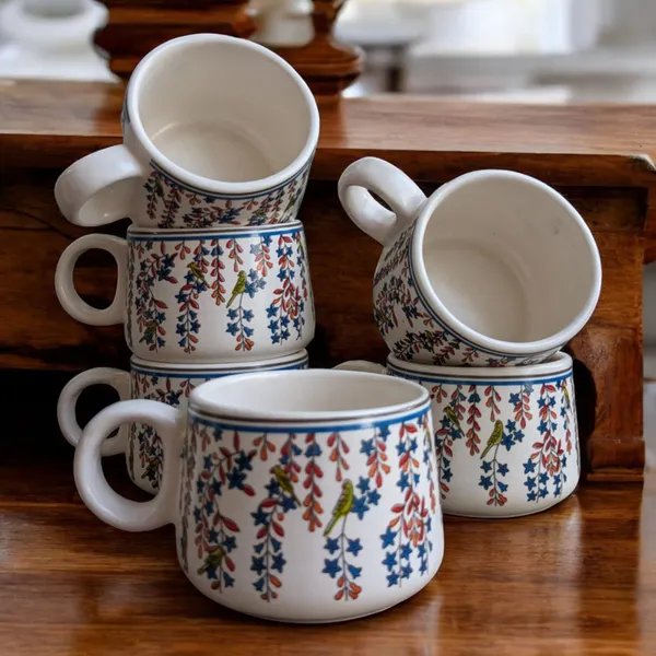 MADARKS_Stoneware_Tea_and_Coffee_Cup_Set,_Pack_of_6,_Premium_Microwave_Save_Serveware_with_Beautiful_Floral_design_with_Parrot_,_150_ML