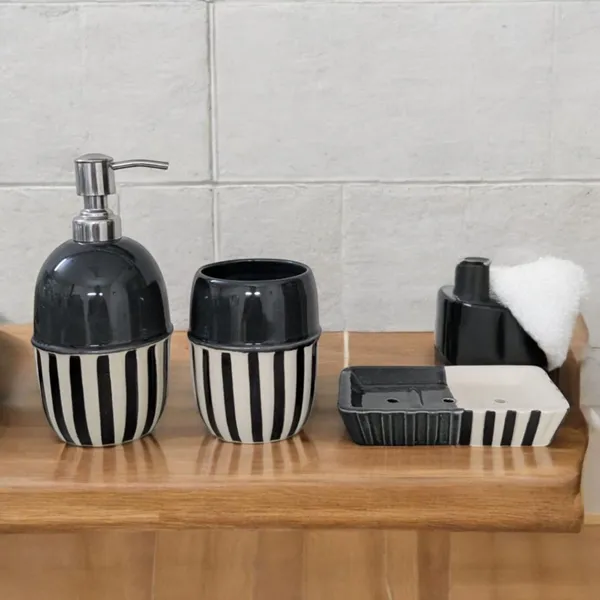 Madarks_3-Piece_Ceramic_Bathroom_Set_–_Dispenser,_Tumbler_&_Soap_Dish_|_Black_&_White_Stripes_|_304_Grade_Stainless_Steel_Pump_|_Handmade_|_Modern_Bathroom_Accessories