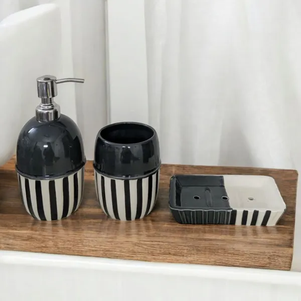Madarks_3-Piece_Ceramic_Bathroom_Set_–_Dispenser,_Tumbler_&_Soap_Dish_|_Black_&_White_Stripes_|_304_Grade_Stainless_Steel_Pump_|_Handmade_|_Modern_Bathroom_Accessories