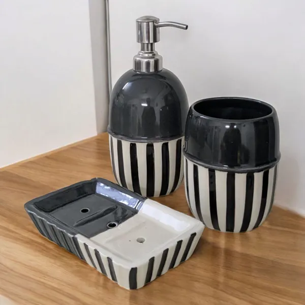 Madarks_3-Piece_Ceramic_Bathroom_Set_–_Dispenser,_Tumbler_&_Soap_Dish_|_Black_&_White_Stripes_|_304_Grade_Stainless_Steel_Pump_|_Handmade_|_Modern_Bathroom_Accessories