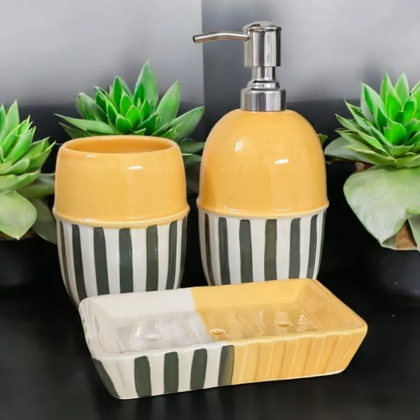 Madarks_3-Piece_Ceramic_Bathroom_Set_–_Dispenser,_Tumbler_&_Soap_Dish_|_Yellow_&_White_Stripes_|_304_Grade_Stainless_Steel_Pump_|_Handmade_|_Modern_Bathroom_Accessories