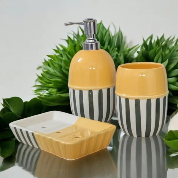 Madarks_3-Piece_Ceramic_Bathroom_Set_–_Dispenser,_Tumbler_&_Soap_Dish_|_Yellow_&_White_Stripes_|_304_Grade_Stainless_Steel_Pump_|_Handmade_|_Modern_Bathroom_Accessories
