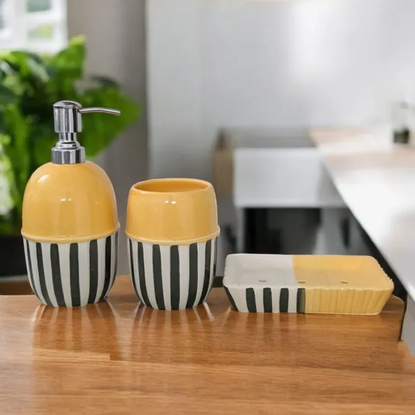 Madarks_3-Piece_Ceramic_Bathroom_Set_–_Dispenser,_Tumbler_&_Soap_Dish_|_Yellow_&_White_Stripes_|_304_Grade_Stainless_Steel_Pump_|_Handmade_|_Modern_Bathroom_Accessories