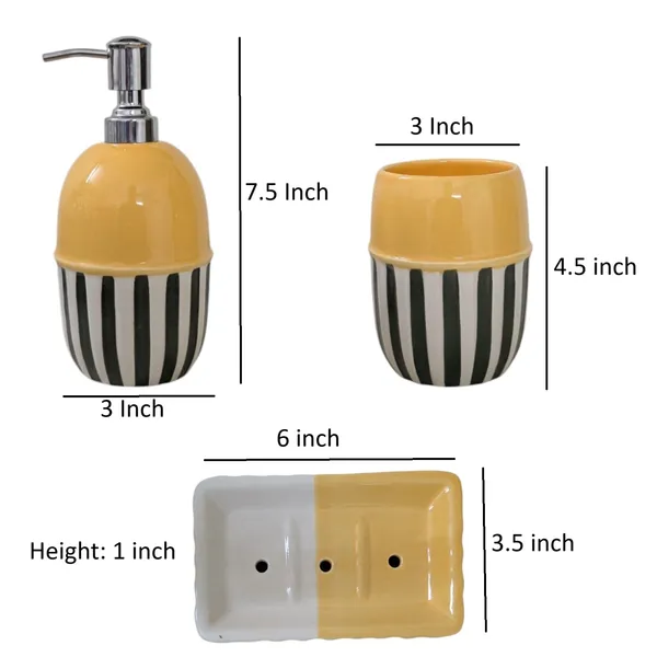 Madarks_3-Piece_Ceramic_Bathroom_Set_–_Dispenser,_Tumbler_&_Soap_Dish_|_Yellow_&_White_Stripes_|_304_Grade_Stainless_Steel_Pump_|_Handmade_|_Modern_Bathroom_Accessories