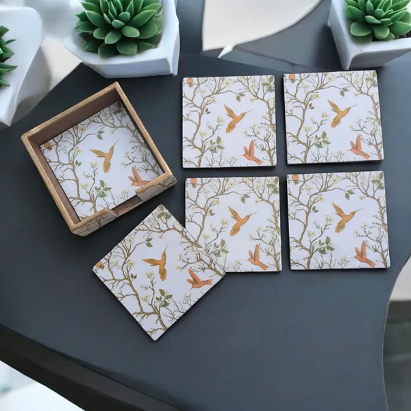 Madarks_Bird_Print_MDF_Coaster_Set_with_Wooden_Holder_–_4.5_x_4.5_inch_–_Elegant_Nature_Theme_–_Set_of_6