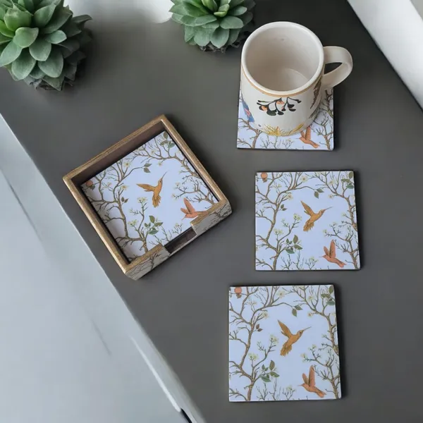 Madarks_Bird_Print_MDF_Coaster_Set_with_Wooden_Holder_–_4.5_x_4.5_inch_–_Elegant_Nature_Theme_–_Set_of_6