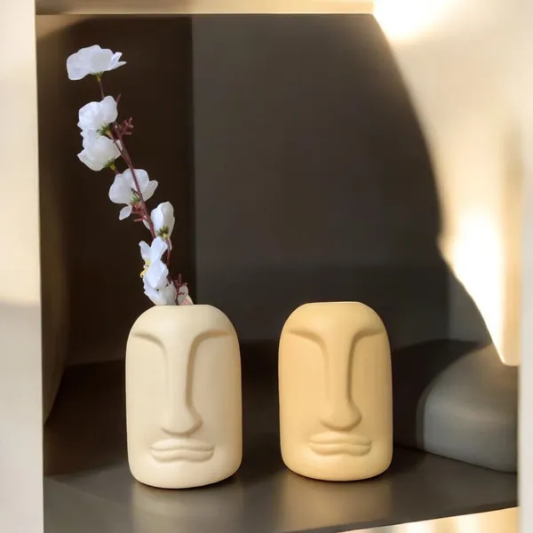 Madarks_Dual_Set_Face_Vases_–_Beige_&_Yellow_|_Abstract_Ceramic_Sculpture_Vases_|_15_cm_|_Modern_Home_Decor