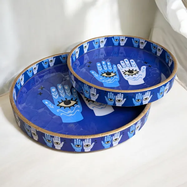 Madarks_Hamsa_Hand_Blue_Round_MDF_Decorative_Tray_Set,_9_Inch_and_&_inch_Diameter