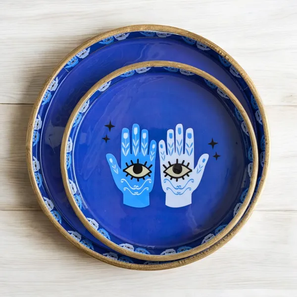 Madarks_Hamsa_Hand_Blue_Round_MDF_Decorative_Tray_Set,_9_Inch_and_&_inch_Diameter
