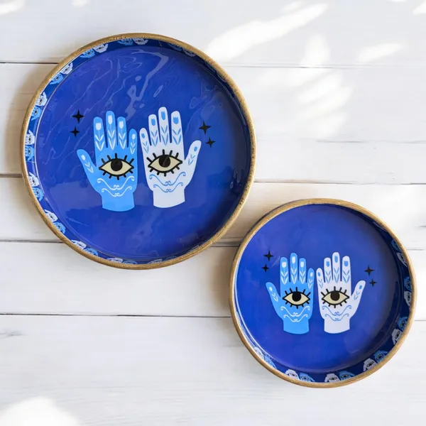 Madarks_Hamsa_Hand_Blue_Round_MDF_Decorative_Tray_Set,_9_Inch_and_&_inch_Diameter