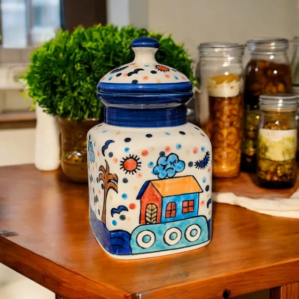 Madarks_Hand-Painted_Ceramic_Jar_with_Lid_-_8.5_Inches_Tall,_Capacity:_1_Litre