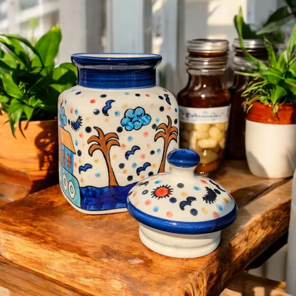 Madarks_Hand-Painted_Ceramic_Jar_with_Lid_-_8.5_Inches_Tall,_Capacity:_1_Litre