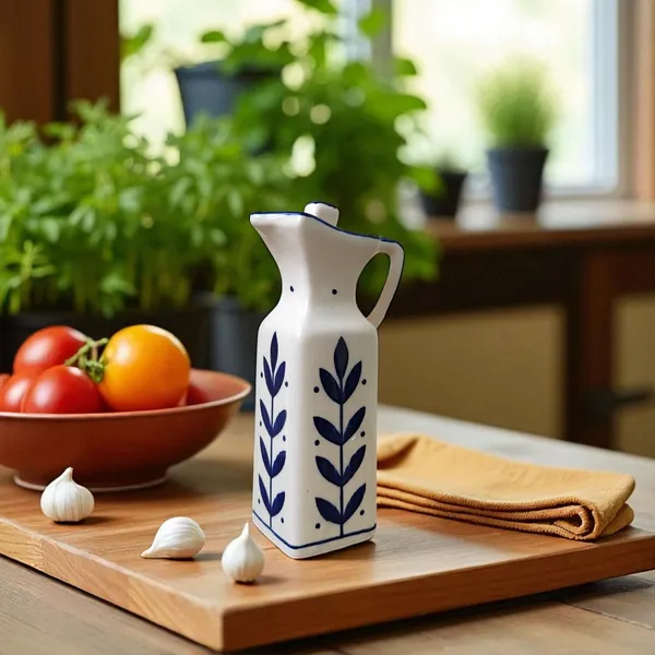 Madarks_Hand-Painted_Ceramic_Oil_Dispenser_–_300_ml_/_7.5_inch_|_Square_Pourer_Bottle_for_Oil_&_Vinegar_|_Blue_Leaf_Design_|_Eco-Friendly_|_Made_in_India
