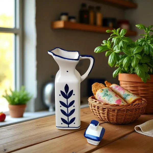 Madarks_Hand-Painted_Ceramic_Oil_Dispenser_–_300_ml_/_7.5_inch_|_Square_Pourer_Bottle_for_Oil_&_Vinegar_|_Blue_Leaf_Design_|_Eco-Friendly_|_Made_in_India
