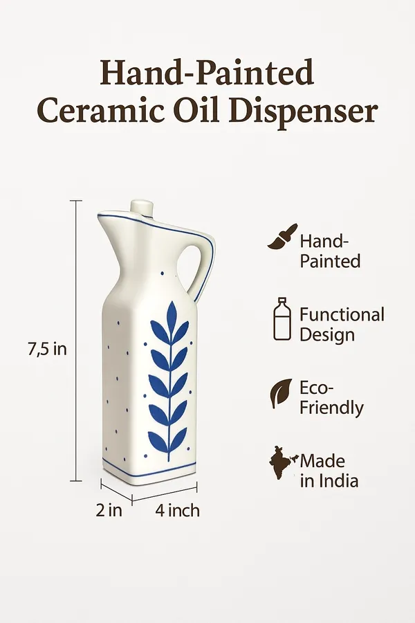 Madarks_Hand-Painted_Ceramic_Oil_Dispenser_–_300_ml_/_7.5_inch_|_Square_Pourer_Bottle_for_Oil_&_Vinegar_|_Blue_Leaf_Design_|_Eco-Friendly_|_Made_in_India