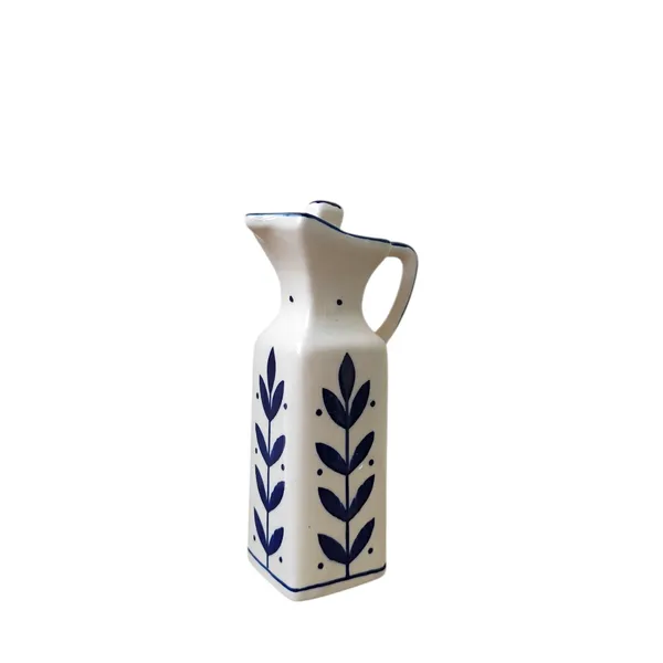 Madarks_Hand-Painted_Ceramic_Oil_Dispenser_–_300_ml_/_7.5_inch_|_Square_Pourer_Bottle_for_Oil_&_Vinegar_|_Blue_Leaf_Design_|_Eco-Friendly_|_Made_in_India