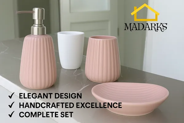 Madarks_Handcrafted_Ceramic_Bathroom_Accessory_Set_–_Ribbed_Design_|_Pink_Finish_|_Soap_Dispenser,_Tumbler_&_Soap_Dish_|_Handcrafted_|_Made_in_India