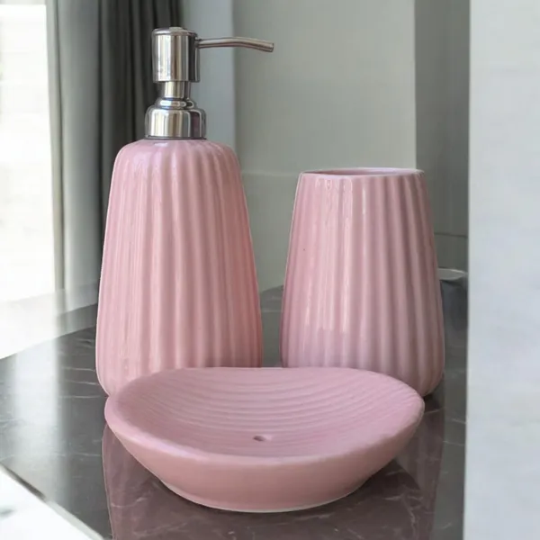 Madarks_Handcrafted_Ceramic_Bathroom_Accessory_Set_–_Ribbed_Design_|_Pink_Finish_|_Soap_Dispenser,_Tumbler_&_Soap_Dish_|_Handcrafted_|_Made_in_India