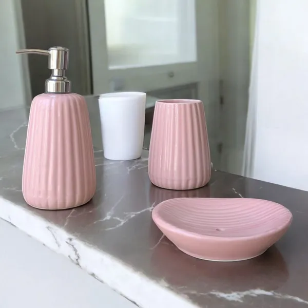 Madarks_Handcrafted_Ceramic_Bathroom_Accessory_Set_–_Ribbed_Design_|_Pink_Finish_|_Soap_Dispenser,_Tumbler_&_Soap_Dish_|_Handcrafted_|_Made_in_India