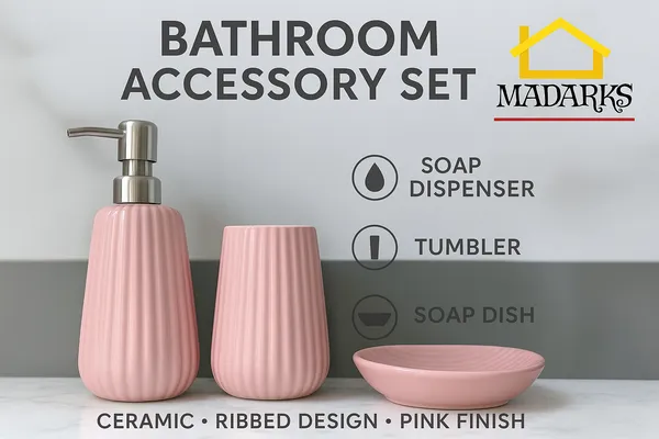 Madarks_Handcrafted_Ceramic_Bathroom_Accessory_Set_–_Ribbed_Design_|_Pink_Finish_|_Soap_Dispenser,_Tumbler_&_Soap_Dish_|_Handcrafted_|_Made_in_India