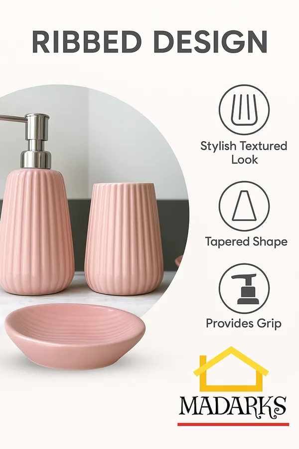 Madarks_Handcrafted_Ceramic_Bathroom_Accessory_Set_–_Ribbed_Design_|_Pink_Finish_|_Soap_Dispenser,_Tumbler_&_Soap_Dish_|_Handcrafted_|_Made_in_India