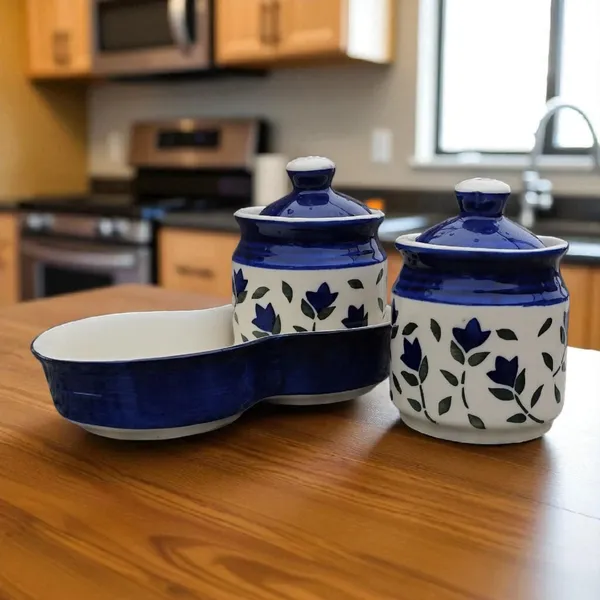 Madarks_Handcrafted_Ceramic_Jar_Set_with_Tray_–_250_ml_Each_|_Blue_Floral_Design_|_Spice,_Pickle_&_Condiment_Storage_|_7.5_cm_Diameter_x_8.5_cm_Height_|_Set_of_2_with_Lids