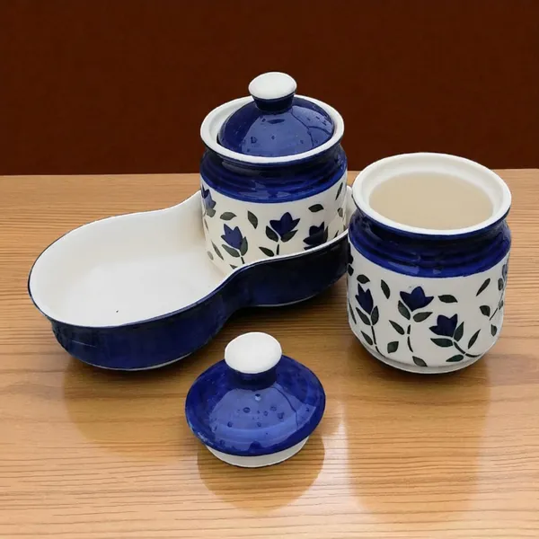 Madarks_Handcrafted_Ceramic_Jar_Set_with_Tray_–_250_ml_Each_|_Blue_Floral_Design_|_Spice,_Pickle_&_Condiment_Storage_|_7.5_cm_Diameter_x_8.5_cm_Height_|_Set_of_2_with_Lids