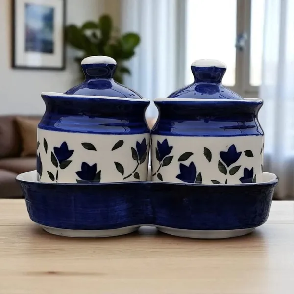 Madarks_Handcrafted_Ceramic_Jar_Set_with_Tray_–_250_ml_Each_|_Blue_Floral_Design_|_Spice,_Pickle_&_Condiment_Storage_|_7.5_cm_Diameter_x_8.5_cm_Height_|_Set_of_2_with_Lids