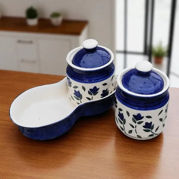 Madarks_Handcrafted_Ceramic_Jar_Set_with_Tray_–_250_ml_Each_|_Blue_Floral_Design_|_Spice,_Pickle_&_Condiment_Storage_|_7.5_cm_Diameter_x_8.5_cm_Height_|_Set_of_2_with_Lids