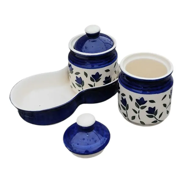 Madarks_Handcrafted_Ceramic_Jar_Set_with_Tray_–_250_ml_Each_|_Blue_Floral_Design_|_Spice,_Pickle_&_Condiment_Storage_|_7.5_cm_Diameter_x_8.5_cm_Height_|_Set_of_2_with_Lids