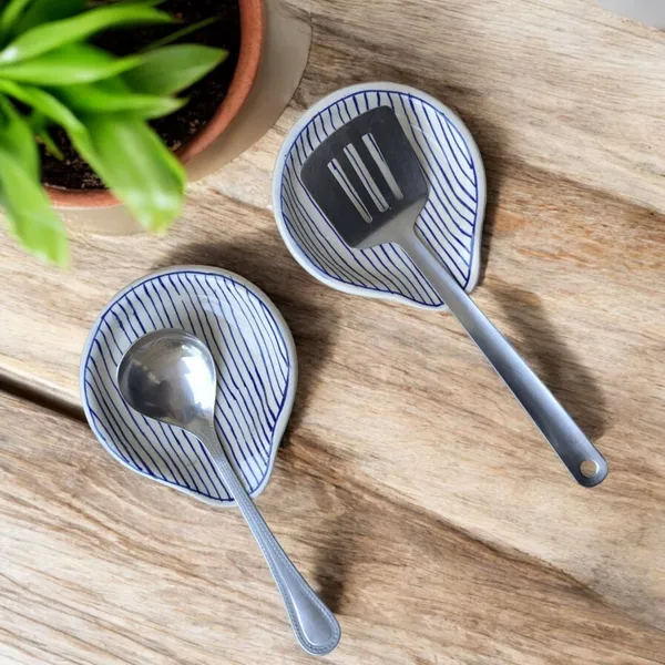 Madarks_Handcrafted_Ceramic_Spoon_Rest_–_Blue_Striped_Design_–_5.5_x_5_Inch_–_Made_in_India_–_Set_of_2