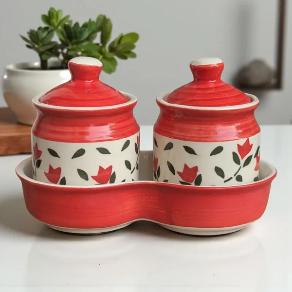 Madarks_Handcrafted_Ceramic_Storage_Jar_Set_with_Tray_–_250_ml_Each,_Red_Floral_Design_–_Set_of_2_with_Lids