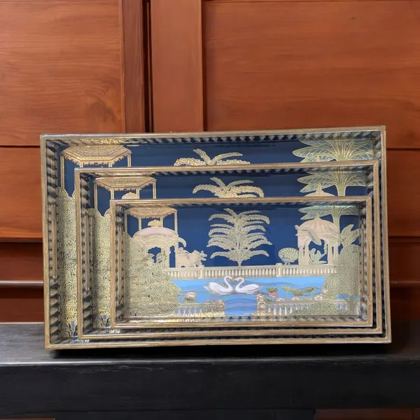 Madarks_Handcrafted_Decorative_Wooden_Tray_Set_–_Set_of_3_|_Enamelled_Top_with_Swan_&_Garden_Artwork_|_Large_(16x10),_Medium_(14x8),_Small_(12x6)_Inches_|_Elegant_Trays_for_Dining,_Kitchen_&_Gifting