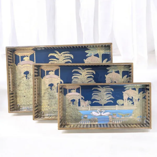 Madarks_Handcrafted_Decorative_Wooden_Tray_Set_–_Set_of_3_|_Enamelled_Top_with_Swan_&_Garden_Artwork_|_Large_(16x10),_Medium_(14x8),_Small_(12x6)_Inches_|_Elegant_Trays_for_Dining,_Kitchen_&_Gifting