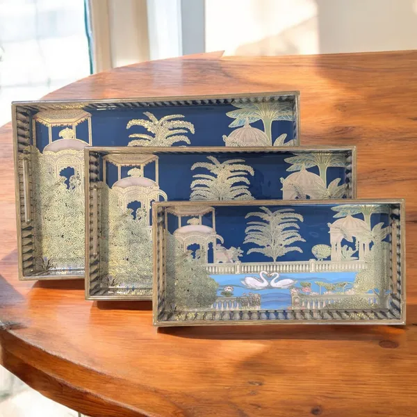 Madarks_Handcrafted_Decorative_Wooden_Tray_Set_–_Set_of_3_|_Enamelled_Top_with_Swan_&_Garden_Artwork_|_Large_(16x10),_Medium_(14x8),_Small_(12x6)_Inches_|_Elegant_Trays_for_Dining,_Kitchen_&_Gifting