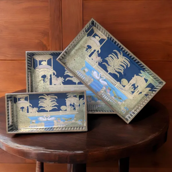 Madarks_Handcrafted_Decorative_Wooden_Tray_Set_–_Set_of_3_|_Enamelled_Top_with_Swan_&_Garden_Artwork_|_Large_(16x10),_Medium_(14x8),_Small_(12x6)_Inches_|_Elegant_Trays_for_Dining,_Kitchen_&_Gifting