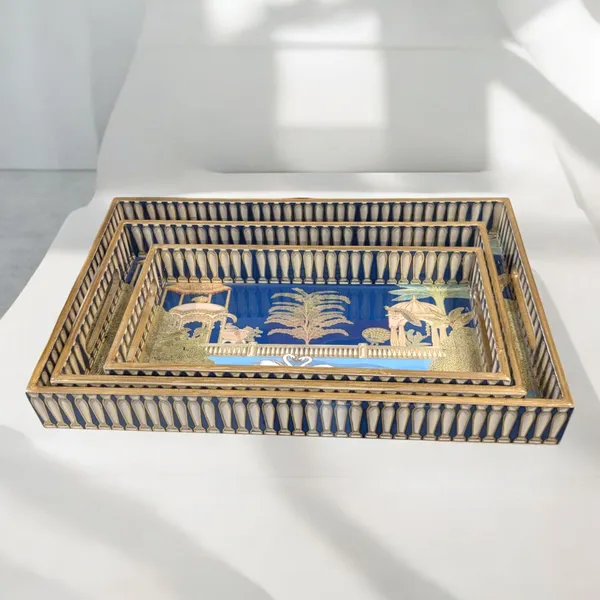 Madarks_Handcrafted_Decorative_Wooden_Tray_Set_–_Set_of_3_|_Enamelled_Top_with_Swan_&_Garden_Artwork_|_Large_(16x10),_Medium_(14x8),_Small_(12x6)_Inches_|_Elegant_Trays_for_Dining,_Kitchen_&_Gifting