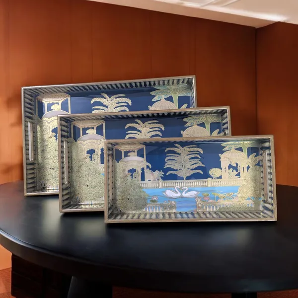 Madarks_Handcrafted_Decorative_Wooden_Tray_Set_–_Set_of_3_|_Enamelled_Top_with_Swan_&_Garden_Artwork_|_Large_(16x10),_Medium_(14x8),_Small_(12x6)_Inches_|_Elegant_Trays_for_Dining,_Kitchen_&_Gifting