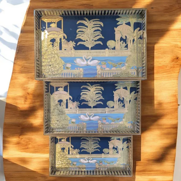 Madarks_Handcrafted_Decorative_Wooden_Tray_Set_–_Set_of_3_|_Enamelled_Top_with_Swan_&_Garden_Artwork_|_Large_(16x10),_Medium_(14x8),_Small_(12x6)_Inches_|_Elegant_Trays_for_Dining,_Kitchen_&_Gifting