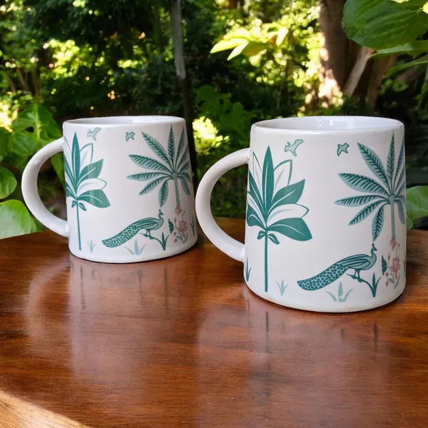 Madarks_Handcrafted_Green_Ceramic_Coffee_Mug_Set_of_2_–_280_ml_|_Peacock_&_Palm_Tree_Design_|_8.5_cm_Diameter,_9_cm_Height_|_Microwave_&_Dishwasher_Safe_|_Made_in_India